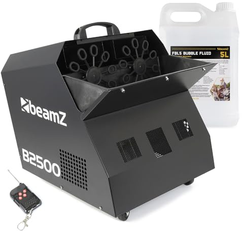 BeamZ B2500 Professional Bubble Machine & 5L Fluid, Twin Wands, Dual Fans | 2.5L tank, castor wheels, wireless remote, festivals & stage shows