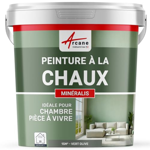 Peinture à la Chaux Intérieure Décorative - MINERALIS 15 m² Olive Vert | Aspect Mat, sans Solvant Ni Odeur, Perméable, Murs, Ciment, Pierre, Chaux, Application à la Brosse - Arcane Industries