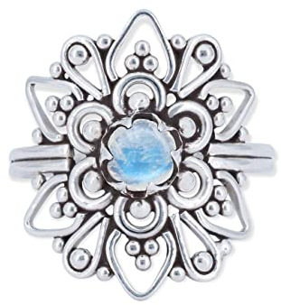 mantraroma Regenbogen Mondstein Silberring Damen 925 – Cabochon Edelstein Ring, eleganter Vintage Schmuck