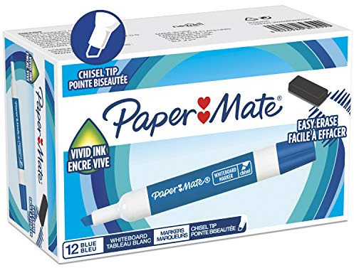 Paper Mate Geruchsarme Whiteboard-Marker, Keilspitze, Blaue Tinte, 12 Stück