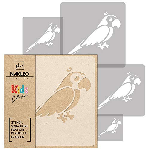 NAKLEO Wiederverwendbare Kunststoff Schablonen Malen Kinder, 5 Stück Set 9x9 bis 34x34cm Papagei Vogel Tier, Kinderzimmer Malvorlage Raumdekoration, Basteln DIY Wand Möbel