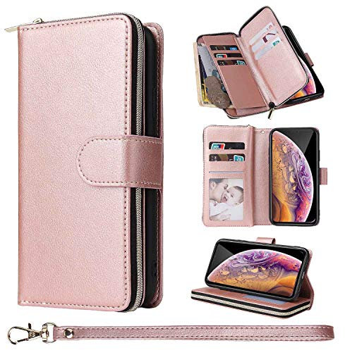 ZCDAYE Wallet Case for iPhone XR,Premium[Magnetic Closure][Zipper Pocket] Folio PU Leather Flip Case Cover with 9 Card Slots Kickstand for iPhone XR 6.1-Rose Gold