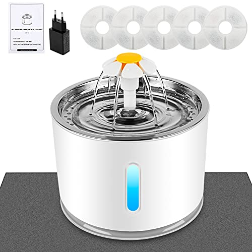 Fontaine à Eau Wilktop pour Chat - avec Filtre à Charbon Actif - Fenêtre de Niveau d'eau - LED Lumineuse - Grande capacité de 2,4 l - 3 Types de débit d'eau de Fontaine Automatique pour Chat