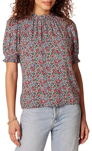 Amazon Essentials Blusa Chemisier Corta con Maniche A Sbuffo in Twill Fluido Donna, Blu Marino Stampa Motivo Piccolo, L