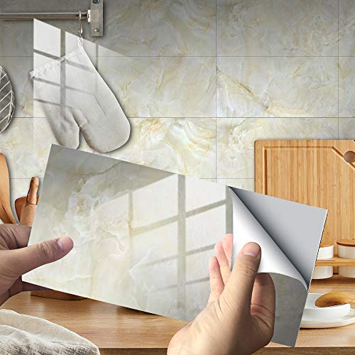 Hiser Rectangle Adhésive Décorative à Carreaux pour Salle de Bains et Cuisine Stickers Carrelage, Motif de Marbre 3D Mosaïque Imperméables Adhésive Décoration, 30x15cm (Beige,16Pièces)