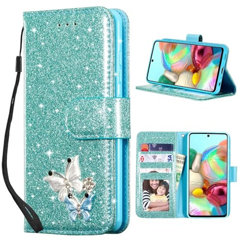 UEEBAI Klapphülle für Samsung Galaxy A52 4G/5G A52S 5G, PU Lederhülle Glitzer 3D Schmetterling Flip Cover Standfunktion Kartenfach Schutzhülle Diamant Glänzende Geldbörse Handschlaufe Etui - Mint Grün