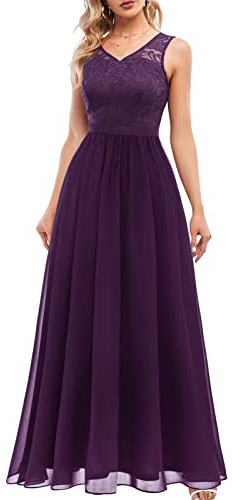 DRESSTELLS Damen Abendkleid Bodenlang Elegant für Hochzeit Chiffon Brautjungfernkleider Spitzen Cocktailkleid Ärmellos Ballkleid Grape XL
