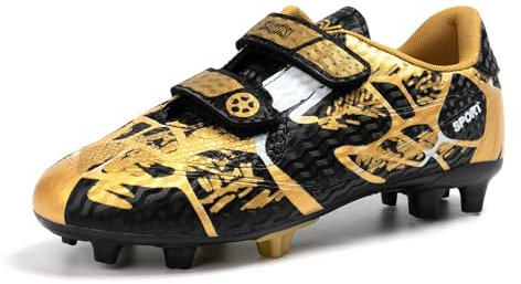 Breathable Football Shoes Spikes for Kids Soccer Boots with Cleats Boys Girls Football Boots,Black-Gold,UK 4