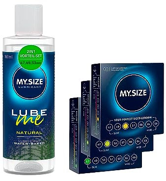 MY.SIZE Kondom + Gleitgel Set mit 100 ml Lube Me Natural & 3x3 Kondome 47, 49, 53 mm I Wasserbasiertes Gleitmittel I Lubricant Gel für Toys & Latexkondome geeignet I water based