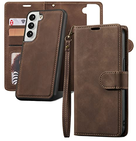 QLTYPRI Hülle für Samsung Galaxy S22, Abnehmbare Magnetische Handyhülle Kartenfach Hülle Ständer Flip Klapphülle Schutzhülle Etui Kompatibel mit Samsung Galaxy S22 - Kaffee