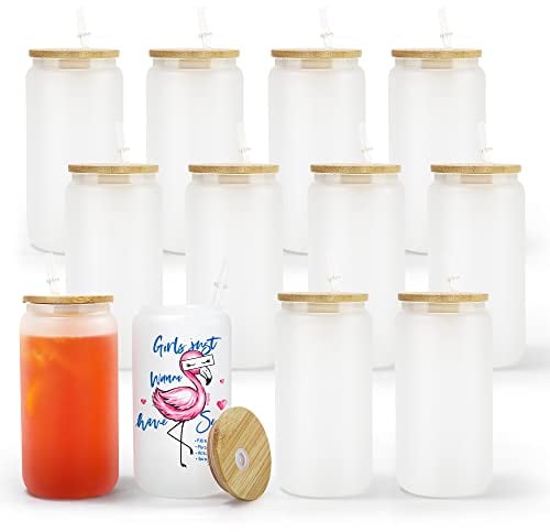 AGH 12 Pack 16oz Frosted Sublimation Glass Blanks with Bamboo Lid, Sublimation Glass Cups Can Shaped Beer Cup with Lid and Straw, Straight Sublimation Tumblers for Coffee Milk