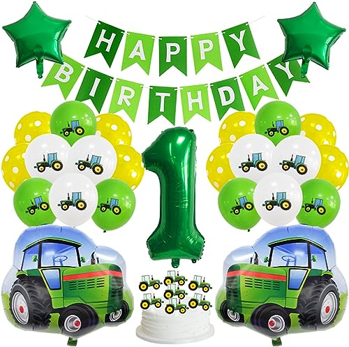 Guoguonb Grün 1 Jahre Traktor Geburtstag Deko Happy Birthday Banner Zahlenballon 1 Folienballon Bedruckte Ballons Traktor Tortendekoration für Kindergeburtstag Partyset Dekoration