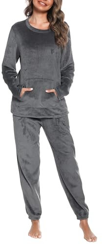Lovasy Pigiama in Pile Donna Invernale Caldo Pigiama Maniche Lunghe Pigiami Due Pezzi Top e Pantaloni Caldo e Soffice Accogliente per Casa con Tasche B Grigio Scuro XXL