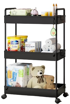 Queta Storage Trolley, 3-Tier Trolley on Wheels Rolling Utility Cart Mobile Storage Shelving Organizer for Kitchen, Bathroom, Laundry Room, Bedroom (3 Tier-Black)