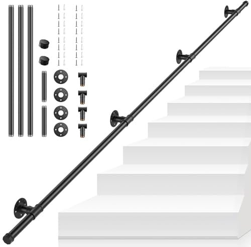 Handrails for Stairs, SenDeluz 2.5M Metal Stair Handrail for Indoor Outdoor Wall Mounted Handrail Non-Slip Galvanized Iron Industrial Pipe Stair Rail for Wear-Resistant, Corrosion-Resistant
