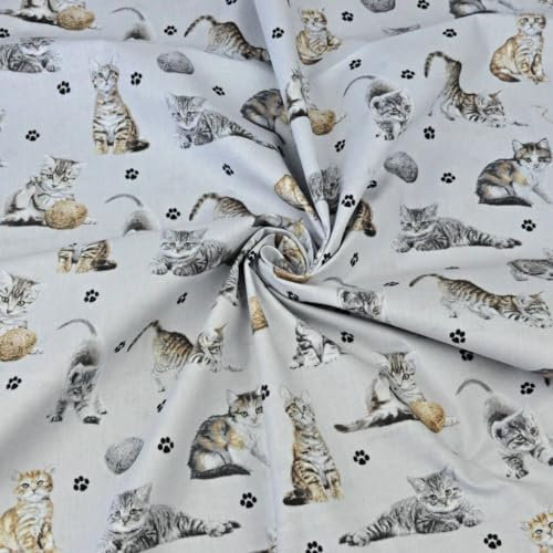 Textrend Baumwollstoff Meterware - Stoff zum Nähen - 100% Baumwolle - Textilien 1x1.6m - Stoffe Meterware - Katzen und Hunde Muster (Beige und weiße Katzen auf einem hellgrauen Hintergrund)
