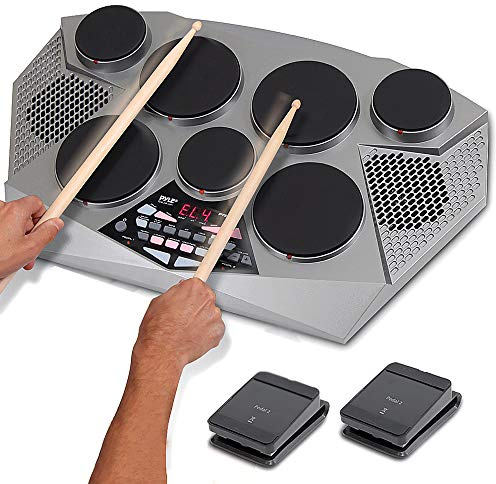 Pyle Pro Electronic Drum Kit - Batteria elettrica portatile da tavolo con pannello digitale, 7 pad per batteria, controller per pedale Hi-Hat/Kick Bass USB AUX - Tom-Toms, Hi-Hat, rullante, piatti