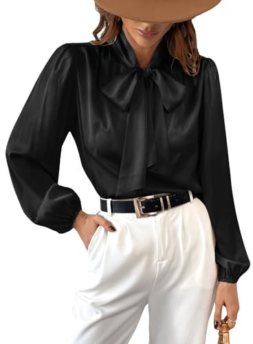 CUPSHE Satin Shirt Top for Women Bow Tie Long Sleeve Shiny High Neck Work Casual Blouses Black M