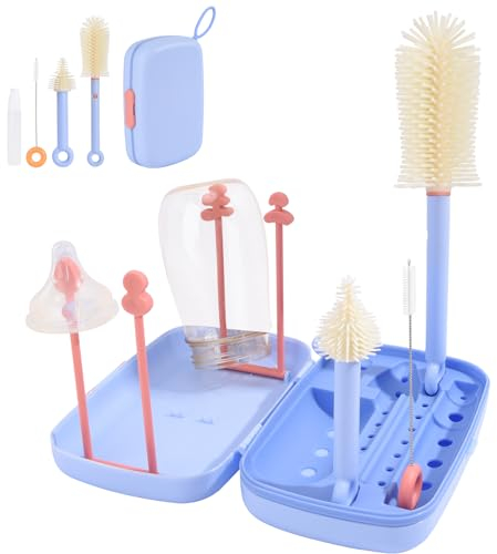 Bebamour Brosse à Biberon de Voyage Portable en Silicone, Brosse pour Nettoyer Les Tétines, Distributeur de Savon et Support pour Sécher Les Biberons, Purple