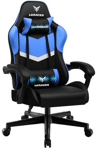 LUCKRACER Gaming Chair, Massage Ergonomic Computer Chair Lumbar Support High Back Height Adjustable Gaming Chair with 360°-Swivel Seat and Headrest for Home Office, Blue