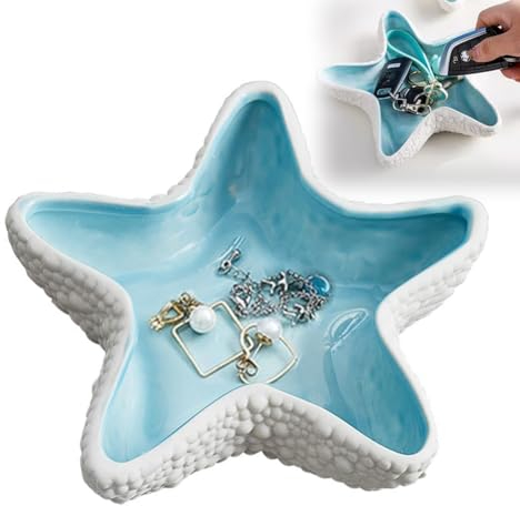 LUPATDY Cuenco decorativo de cerámica con diseño de estrella de mar, bandeja de joyería, decoración para anillo, collar, pulsera, organizador, plato de porcelana, decoración del hogar, boda, regalo
