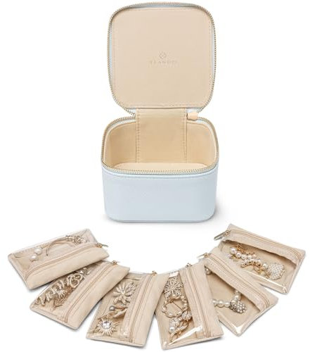 Vlando Jewellery Box, Litchi Pattern Jewellery Organiser,Travel Jewellery Storage with 6 Velvet Jewellery Zipper Pockets,Premium Petal Hardware Jewellery Case, Light Blue