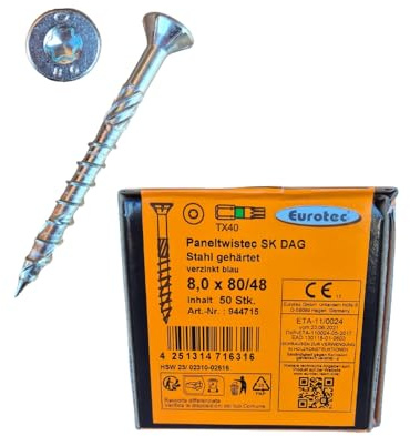 Paneltwistec AG Holzbauschrauben, konischer Kopf, 8 x 80 mm, TX40, Karbonstahl, blau verzinkt und gehärtet, 50 Stück