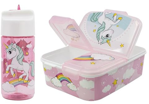 Yuhu.kids Einhorn Kinder Trinkflasche und Brotdose im Set | Lunchbox mit Fächern | Geschenke für Mädchen | Schule | Kindergarten | Vesperbox | Wasserflasche