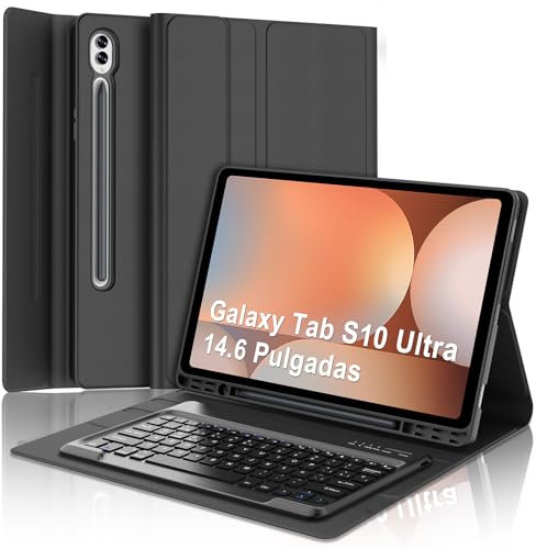 SENGBIRCH Funda con Teclado para Samsung Galaxy Tab S10 Ultra 14.6, Teclado para Samsung Tab S10 Ultra/S9 Ultra, España Ñ Bluetooth Desmontable Teclado Galaxy Tab S9/S10 Ultra 14.6 Pulgadas, Negro