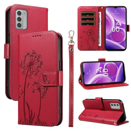 iTape Dandelion Phone Case for Nokia G42 5G, Wallet Phone Case with Card Slots Money Clip, Flip Stand, Embossed Dandelion Phone Case Wristband Red