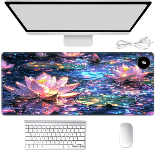 Heated Mouse Pad Hand Warmer, Warm Desk Pad Mousepad Desk Mat with 3 Levels Heating and 3 Hours Auto Shut Down 31.5 x 13 inch PU Leather Warmer Keyboard Mat for Gaming Laptop Office Home, Lotus