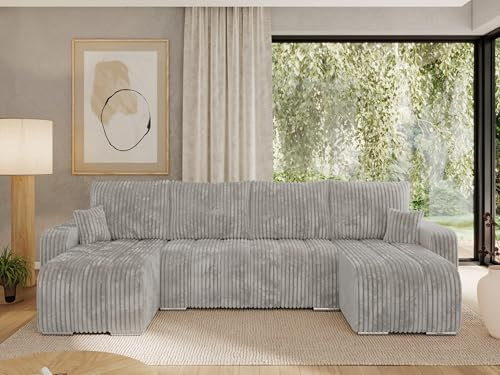 MKS MEBLE Sofa mit Schlaffunktion - Ecksofa - Couch - Schlafsofa - Bettsofa - Schlafsofa mit Bettkasten - Kirasso U -Hellgrau Cord