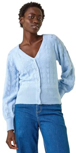 Roman Pointelle Detail Knit Cardigan for Women UK - Ladies Autumn Everyday Winter Holiday V-Neckline Comfy Long Sleeve Soft Button Up Jumper Office Desk Sweaters - Blue - Size M