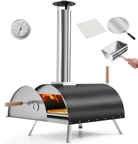 DKIEI Outdoor Pizza Oven, Wood Pellets 12Pizza Oven, Stone & Pizza Peel Included, Portable BBQ Pizza Oven, Foldable Legs, Temperature, Pizza Oven Charcoal BBQ Grill, Can Also Grill Meat, Fish & Veg