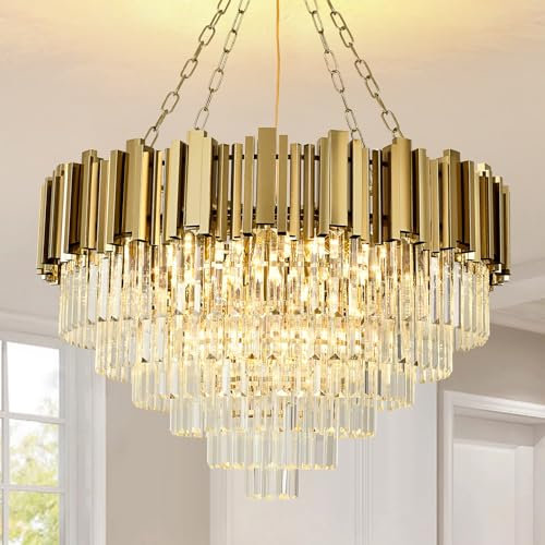 AOOCHOK Modern Crystal Chandelier Gold Pendant Light Fixtures, Round Crystal Pendant Lighting for Living Room, Dining Room, Bedroom, Restaurant, E14 x 12, Φ80cm