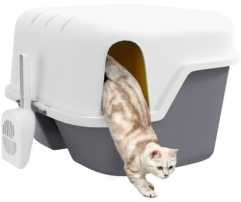 PawHut Bac à litière pour Chat Semi-fermé, Maison de Toilette pour Chat avec Couvercle supérieur verrouillable et ouvrable, Pelle, Porte, 50 x 50 x 39 cm, crème