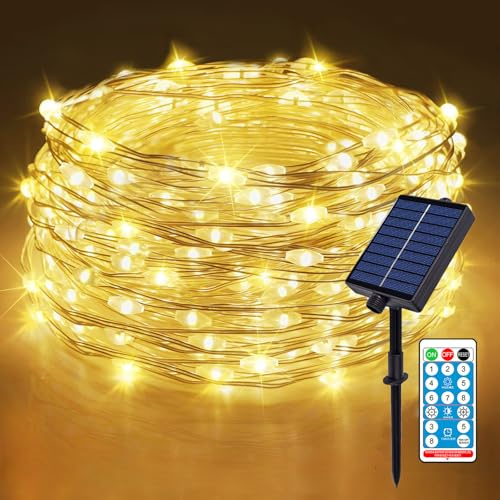 Meision Solar Lichterkette Aussen 20m 200LEDs, LED Lichterkette Kupferdraht mit Timer + Fernbedienung + 8 Modi+ IP65 Wetterfest, Lichterkette Weihnachtsbaum für Balkon, Party, Warmes Gelb