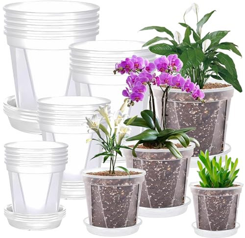 Kaxtde 20 Pack Clear Orchid Pots, 10/12/15/18 cm Plastic Plant Pots with Saucers and Drainage Holes, Transparent Seedling Planters for Succulents, Herbs, Indoor Outdoor Gardening