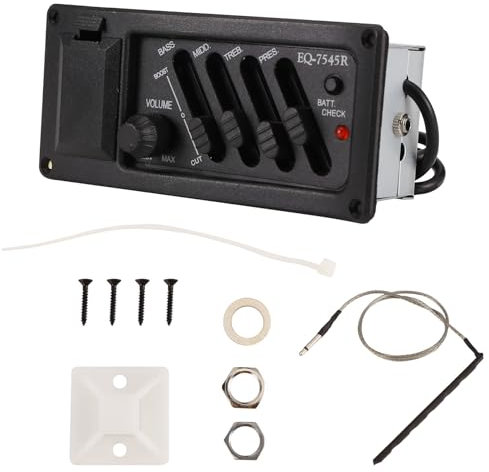 Pqahffowr Kit complet EQ préampli + micro pour guitare acoustique 7545R-4 bandes + contrôle de la couleur, livré avec un boîtier de batterie