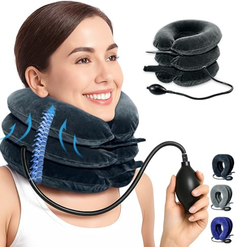 Aufblasbarer Zervikaler Nackentrainer - Einstellbarer Nackendehner für Schmerzlinderung, Tragbarer Ergonomischer Nackenkissen mit Luftpumpe für Zuhause & Reisen(Schwarz)