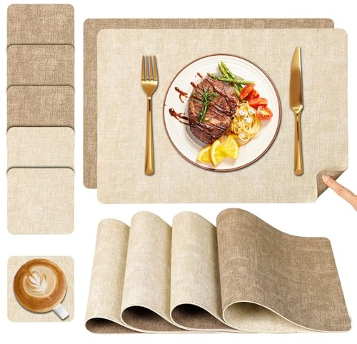 Myir JUN Tischset Abwaschbar &Untersetzer, Doppelseitige Platzsets 6er Set | Leder Platzsets Abwaschbar Kunstleder Schmutzabweisend & rutschfest, Platzdeckchen Abwischbar mit Lederoptik für Esszimmer