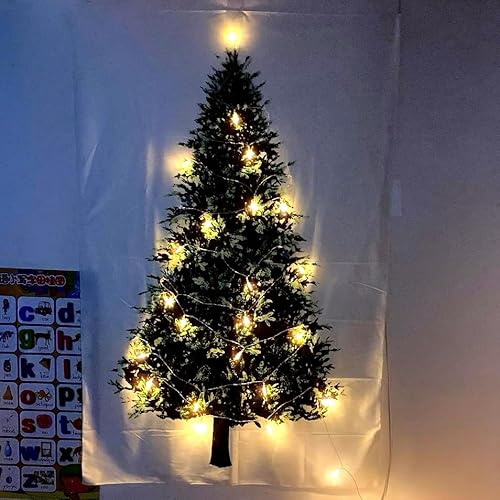KuSONG Weihnachtsbaum-Tapisserie,Xmas Wandbehang, Kunst-Wandteppiche für Fotografie, Decke, Festival-Dekor mit Kupferdraht Lichterkette (Weiß klein)