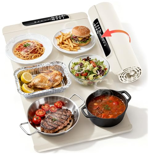 Electric Food Warming Tray, 10 Temperature Settings & 20 Timer Modes, Portable Roll Up Silicone Hot Plate for Buffets, Parties, Kitchen Countertop, Day