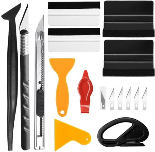 Fourindo Set di 12 spatole per pellicola, set di attrezzi con taglierino, coltello a 5 lame, spatola in plastica, coltello a estrazione e coltelli di copertura per pellicole adesive per finestrini
