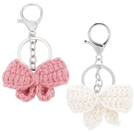 NICENEEDED 2 PCS Cute Crochet Bow Keychain, Pink White Coquette Aesthetic Bag Charms Pendant, Crochet Plush key Chain for Women Purse Handbags