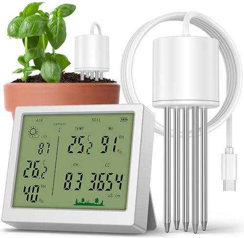 Boden Feuchtigkeitsmessgerät für Pflanzen, 7-in-1 PH Messgerät Erde, 100m Reichweite zur Messung von Boden-Feuchte, PH-Wert, EC, Temperatur, Beleuchtung, Bodentester für Garten, Landwirtschaft