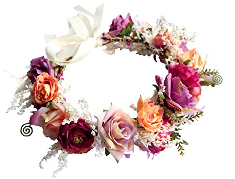 Brikuinr Rosenkrone Blumenkranz Stirnband Haarkranz Haarkranz Haargirlande Blume Halo Floral Kopfschmuck Boho mit Band Hochzeit Party Festival Rosig