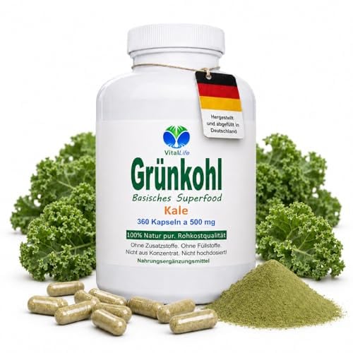 GRÜNKOHL pur 360 Kapseln basische POWERGREENS - Super Greens Pulver SuperFood Vitalstoff Champion - SULFORAPHAN LUTEIN ANTIOXIDANTIEN - Rohkostqualität. NATUR pur. OHNE ZUSATZSTOFFE. 26695-360