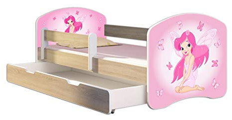 Kinderbett Jugendbett mit einer Schublade und Matratze Sonoma mit Rausfallschutz Lattenrost ACMA II 140x70 160x80 180x80 (07 Rosa Fee, 180x80 + Bettkasten)