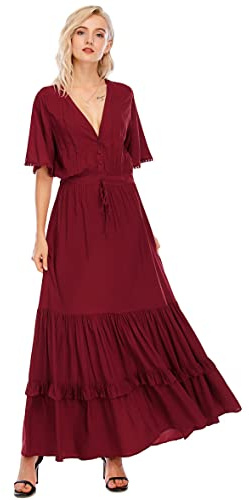 R.Vivimos Femmes D'été Cou en V Bouton à Manches Courtes Robe Bohème Fleur Longue Robe A Ligne Volants Longue Plage Robe(L,WineRed)